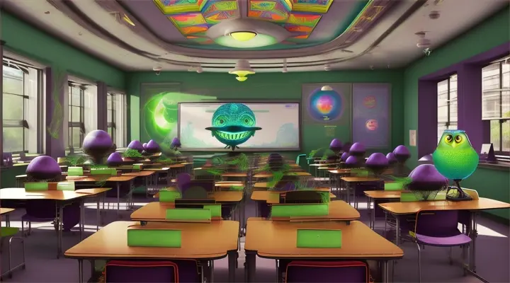 Aliens sit at desks in a regular school and listen to a Duolingo lesson from a green owl