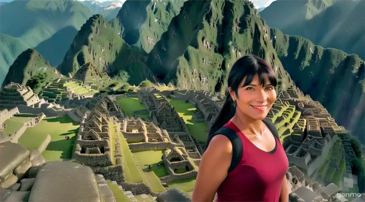 une belle femme de 45 ans, touriste, souriante, aux cheveux noirs et aux yeux verts clairs, avec une frange sur le front et une queue de cheval, visite le Machu Picchu .