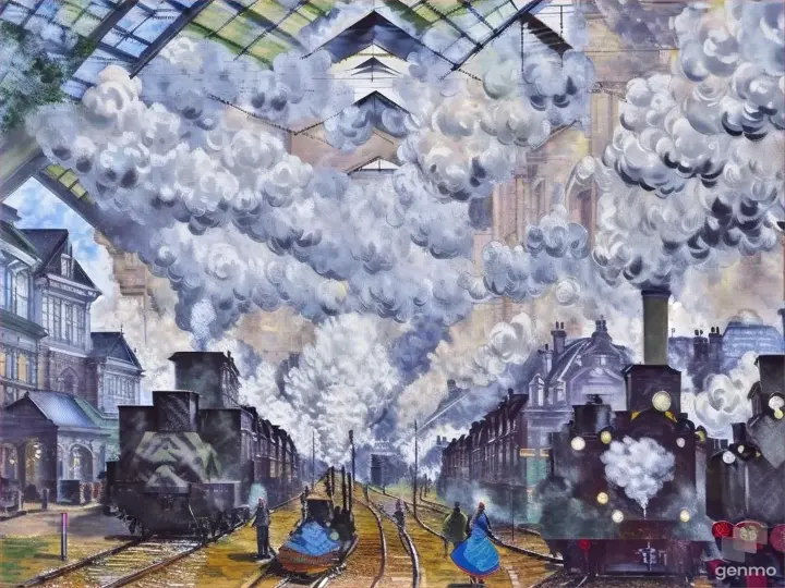 a painting of a train pulling into a train station. With animated smoke