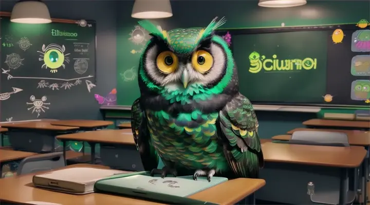 Aliens sit at desks in a regular school and listen to a Duolingo lesson from a green owl