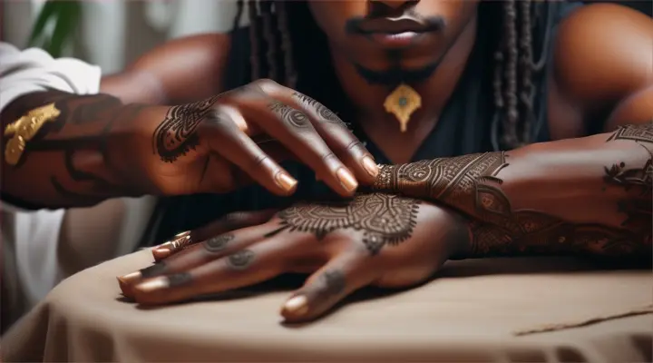 **Healing with Herbs:** black Yeshua, with hands adorned with intricate henna patterns, applying poultices made from indigenous plants to heal the sick and injured.