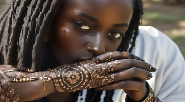 **Healing with Herbs:** black Yeshua, with hands adorned with intricate henna patterns, applying poultices made from indigenous plants to heal the sick and injured.