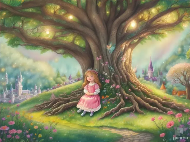 A little girl reading under a whimsical tree in a fantasy world with magical creatures peeking out from behind the leaves