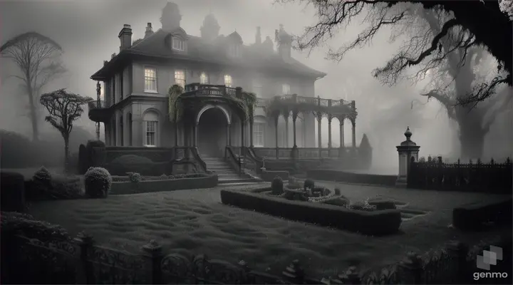 Close-up shot of an overgrown garden surrounding the mansion. Moss and vines twist around the iron gates and fog rolls in, casting an eerie mood