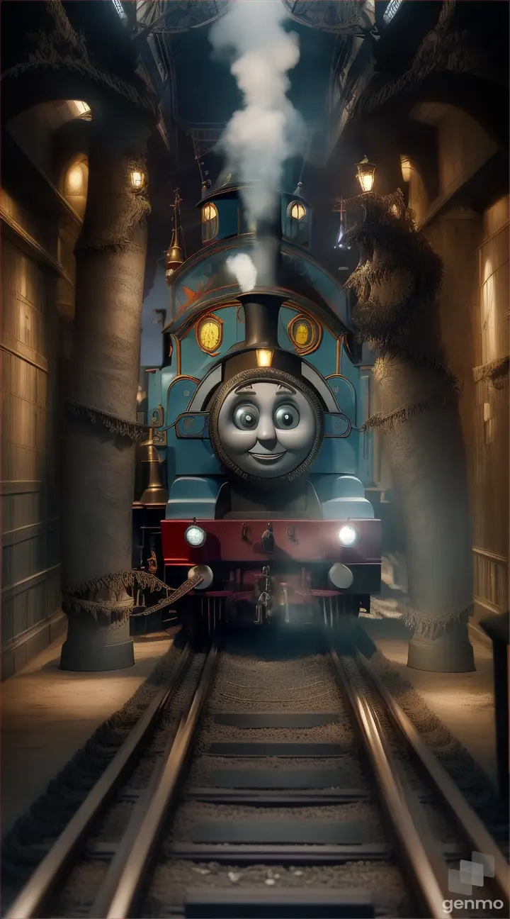 A Thomas train navigating through a twisted laboratory showcasing bizarre creatures as exhibits