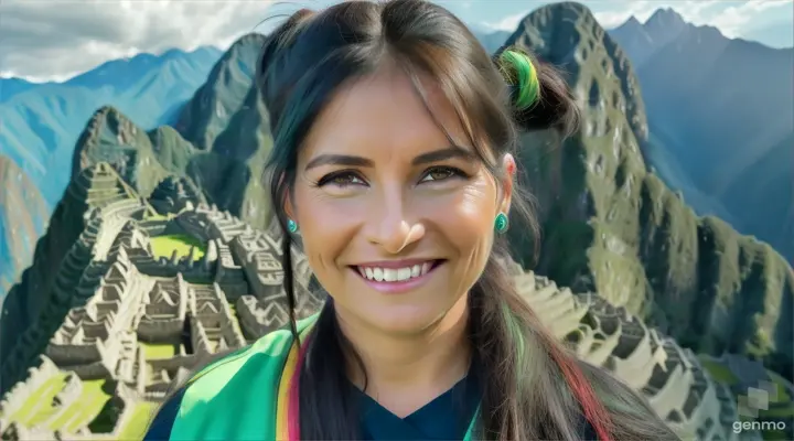 une belle femme de 45 ans, touriste, souriante, aux cheveux noirs et aux yeux verts clairs, avec une frange sur le front et une queue de cheval, visite le Machu Picchu .