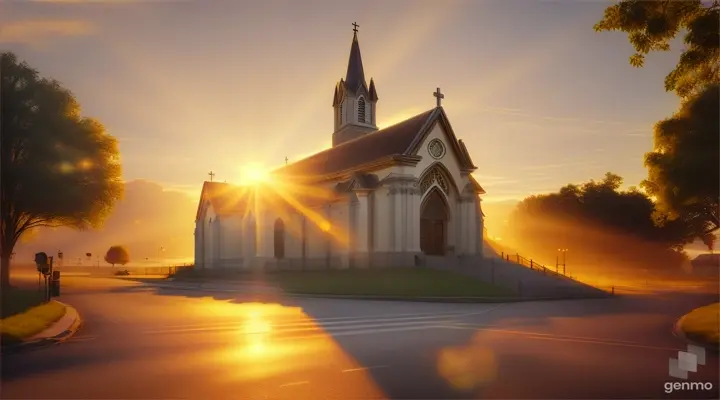 image of a sunrise over the church realistic 