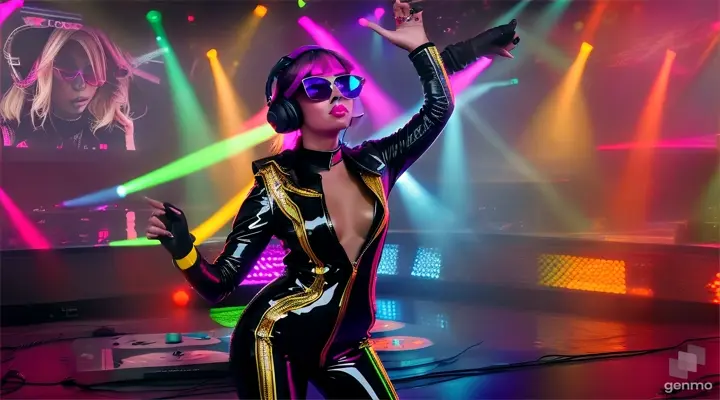 A female DJ in sunglasses, sparkling headphones and a latex jumpsuit with a large neckline, plays techno music, dances and sings a lot of people in the club. Laser beams of bright colors on the background of large television screens. 
