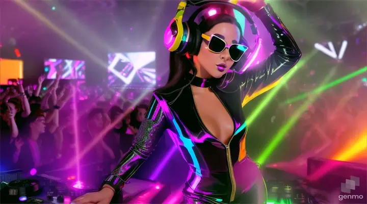 A female DJ in sunglasses, sparkling headphones and a latex jumpsuit with a large neckline, plays techno music, dances and sings a lot of people in the club. Laser beams of bright colors on the background of large television screens. 
