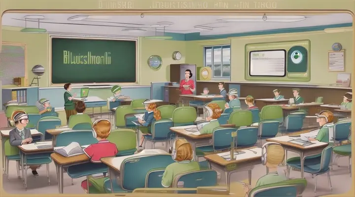 The aliens sit at desks in a regular school and listen to a Duolingo lesson from a teacher: a green owl
