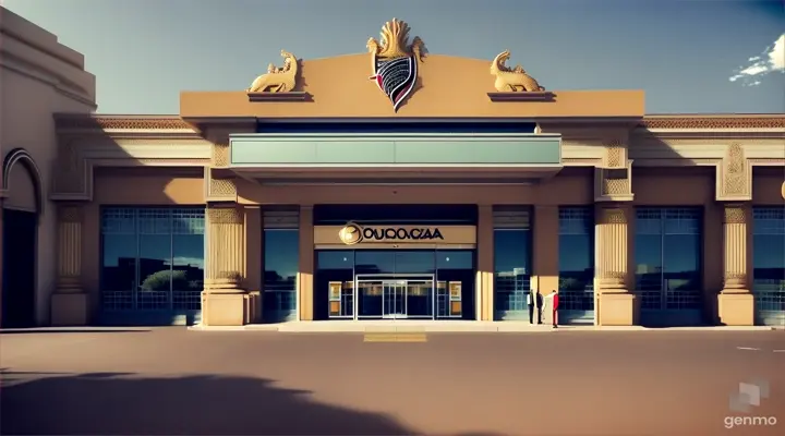 Image de la façade d'une grande entreprise (inspirée par Orca Déco ou Batimat) à Ouagadougou avec le logo de l'entreprise clairement visible. Des cadres, africains et libanais, en discussion devant l'entrée, échangeant des poignées de main chaleureuses et des documents.