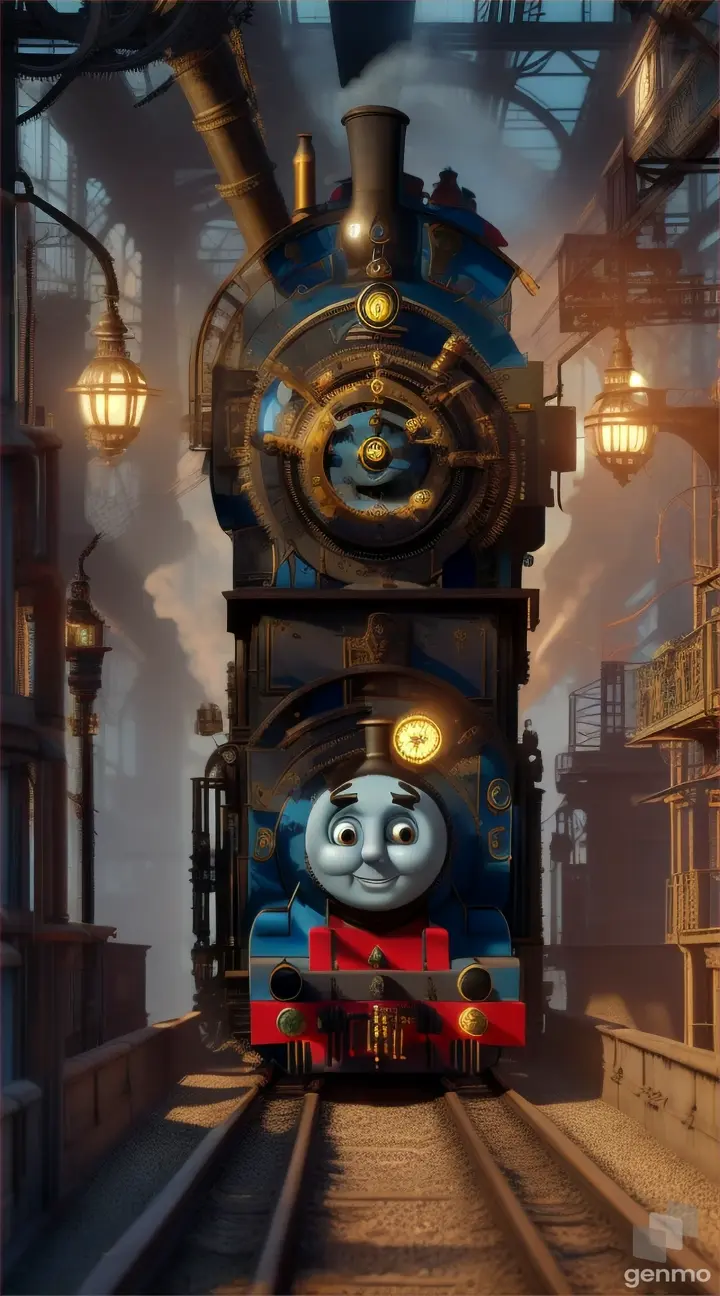 A Thomas the train navigating through a twisted laboratory showcasing bizarre creatures as exhibits