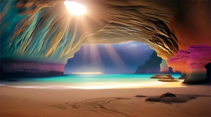 A mystical beach with a bright, pastel-colored sky looming over a mystery cavern decorated with colorful marine life