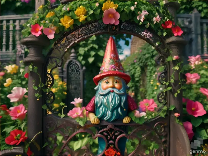 A garden gnome peeking out from a tunnel of vibrant flowers and ivy with the ornate iron gate in the background