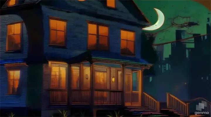 a painting of a house at night with a full moon