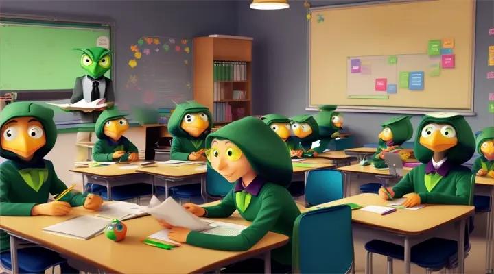 The aliens sit at desks in a regular school and listen to a Duolingo lesson from a teacher: a green owl