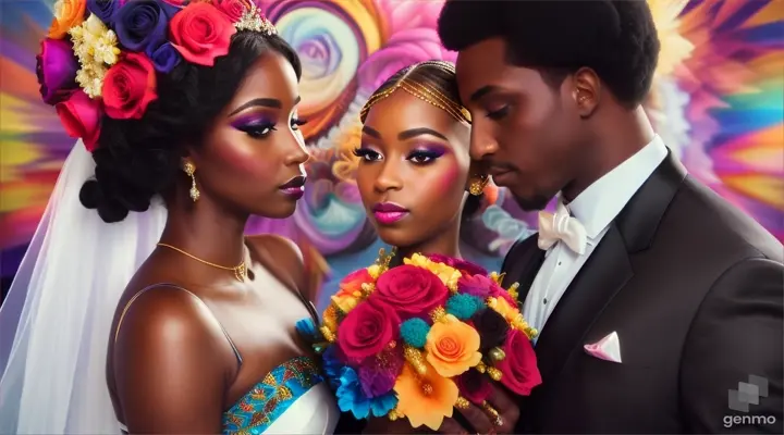 A beautiful black lady elope with a man.  In wedding dress. 16:9.  Clear well defined beautiful face. 4k Eye catchy