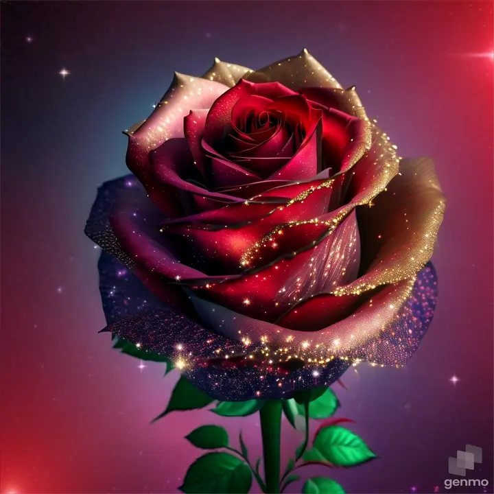 A glowing rotating red rose with glitter formed entirely from illuminated stars from bud to full splendor on a really black background in a squared format 