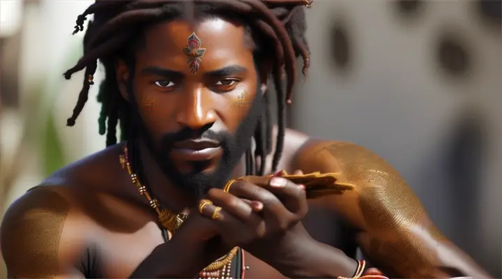 **Healing with Herbs:** black Yeshua, with hands adorned with intricate henna patterns, applying poultices made from indigenous plants to heal the sick and injured.