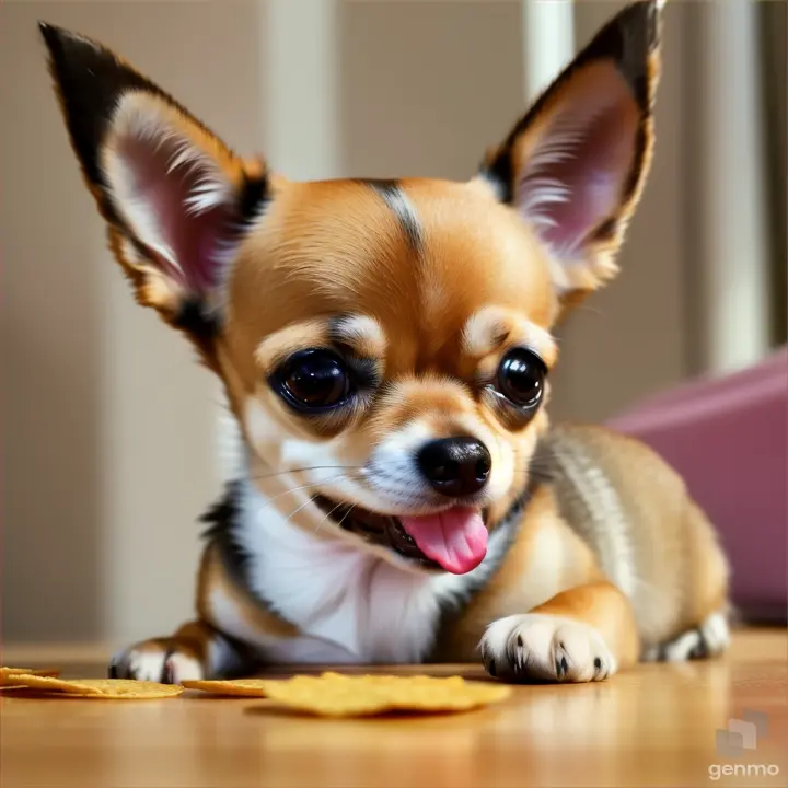 A chihuahua eating one chips