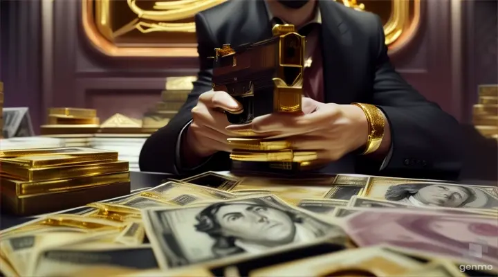 A golden heist scene with piles of money and jewels and a pistol