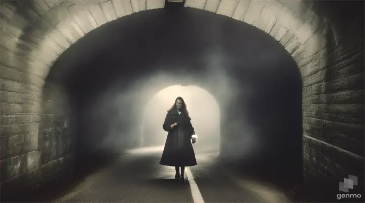 a woman coming out of a dark tunnel. fog, cloudy day