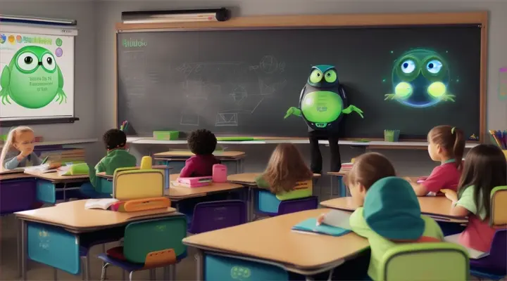 The aliens sit at desks in a regular school and listen to a Duolingo lesson from a teacher: a green owl