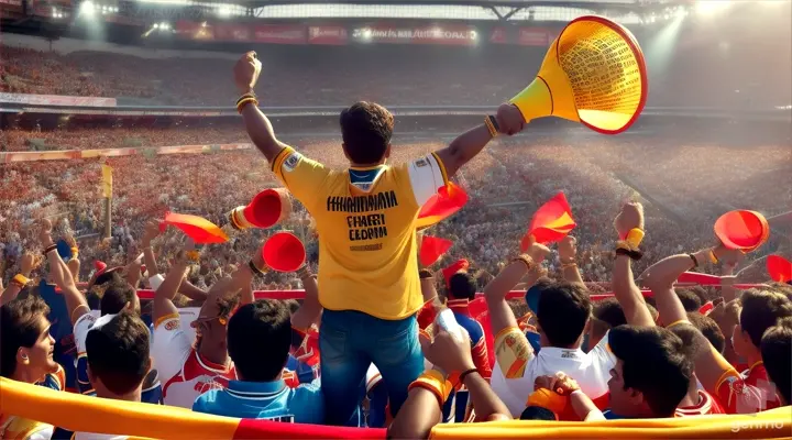 Scene: The Main Fan stands at the front of the crowd, leading the cheers with a megaphone.
Action: The crowd responds with a roar, their voices echoing through the stadium.
Text Overlay: "Hum RCB ke saath hain..." (We are with RCB...)
