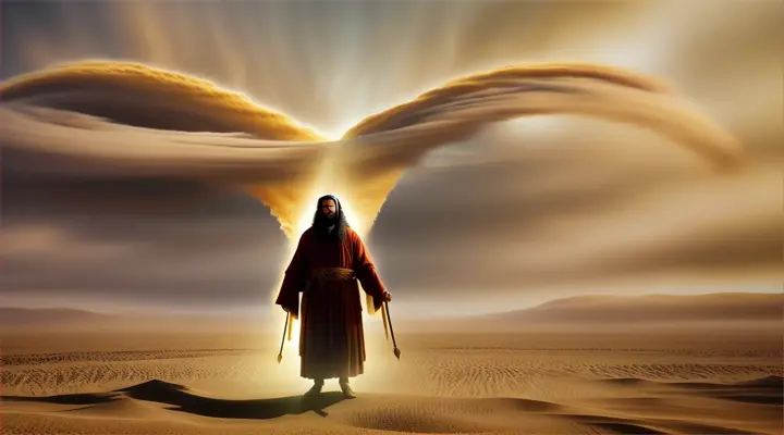 **Calming the Sandstorm:** Yeshua standing tall amidst a swirling sandstorm, his outstretched hand calming the winds and protecting his followers.