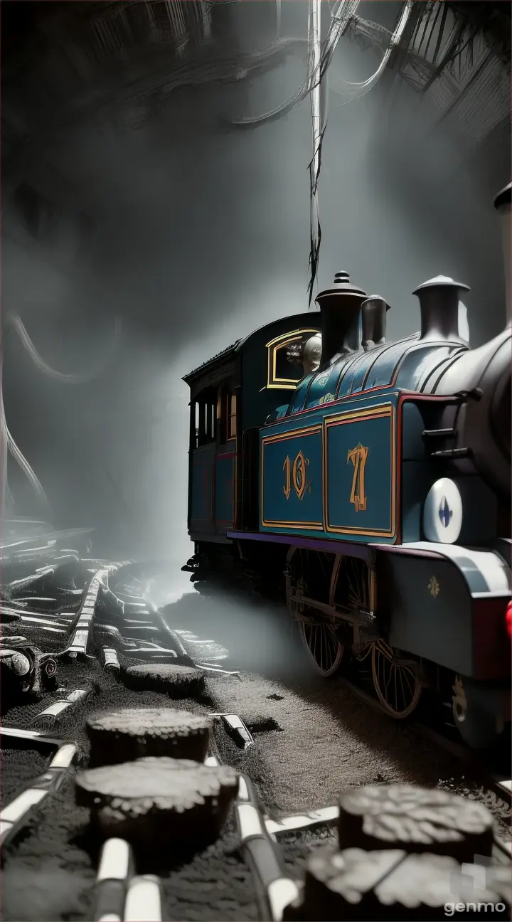 A Thomas the train navigating through a twisted laboratory showcasing bizarre creatures as exhibits