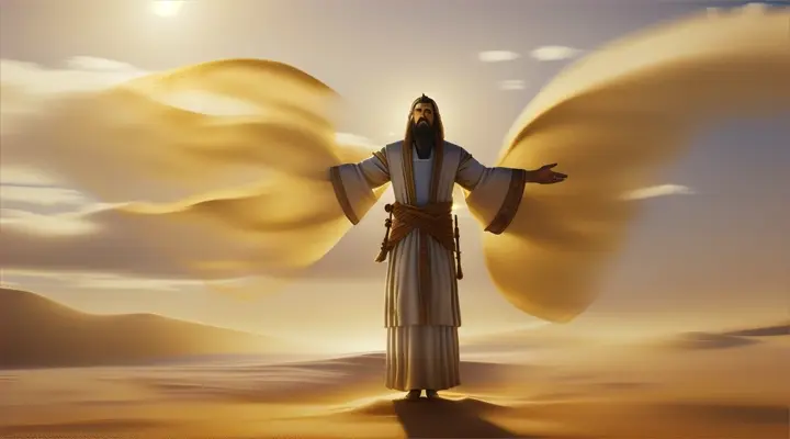 **Calming the Sandstorm:** Yeshua standing tall amidst a swirling sandstorm, his outstretched hand calming the winds and protecting his followers.