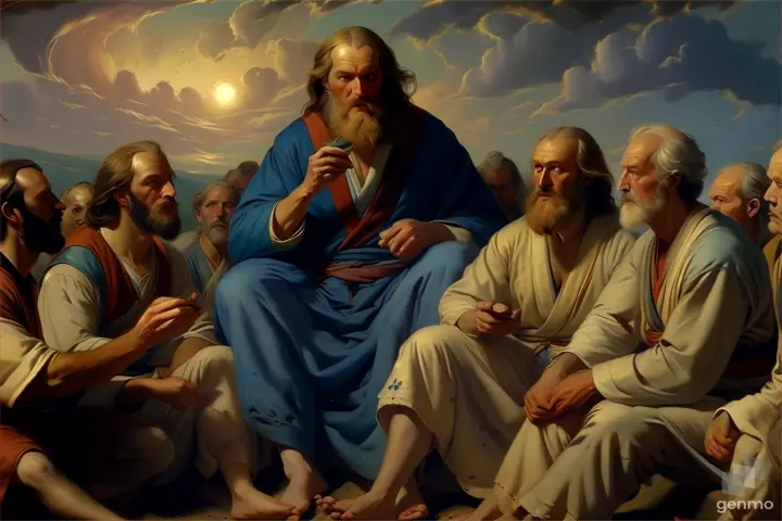 a painting of a group of men sitting on the ground