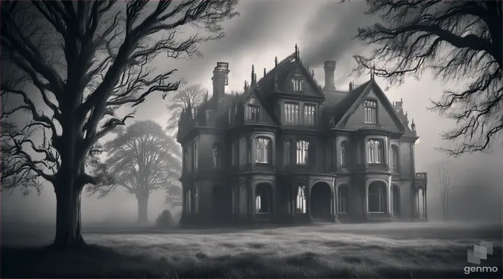 A close-up shot of the dilapidated walls and overgrown trees surrounding the mansion, with mist swirling around, creating an ominous atmosphere.