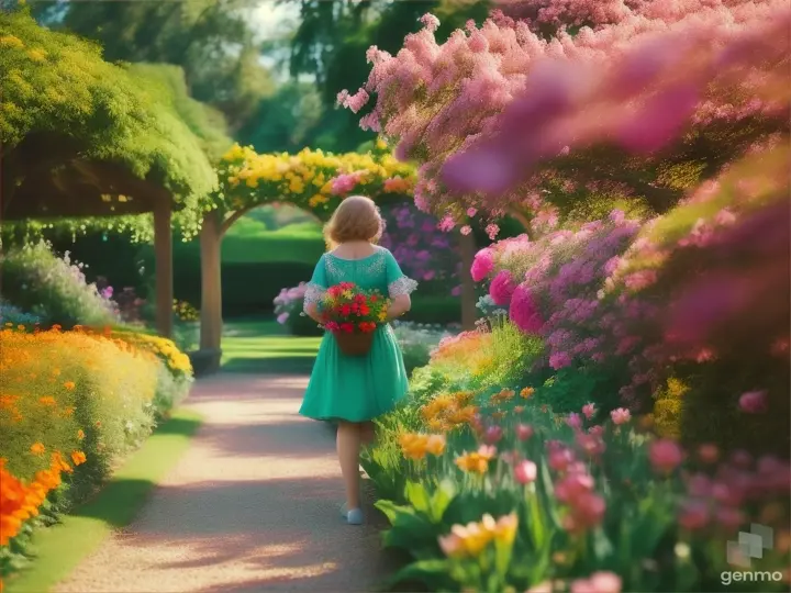 A person walk in garden with full of flowers in garden 