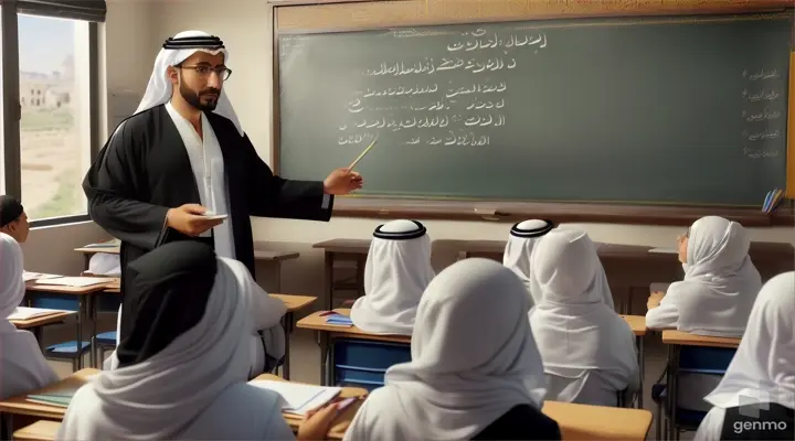 رجل يشرح للطلاب في الفصل باللغة العربية      horizontal 
