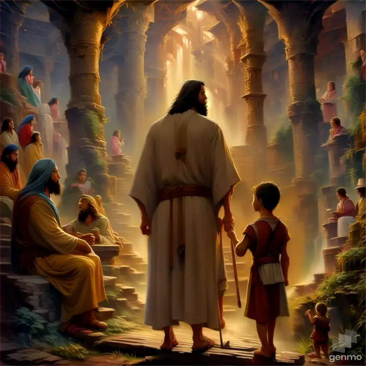 a painting of jesus and a child in a cave