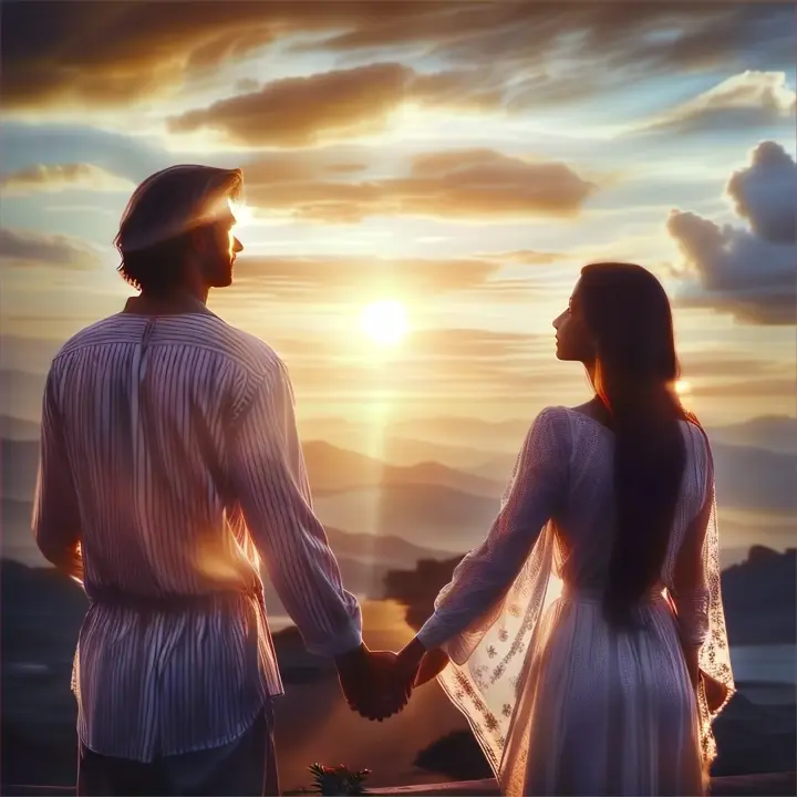 image of The couple man and woman stands hand in hand, gazing into the future with hope and love, as the sun sets in the distance.