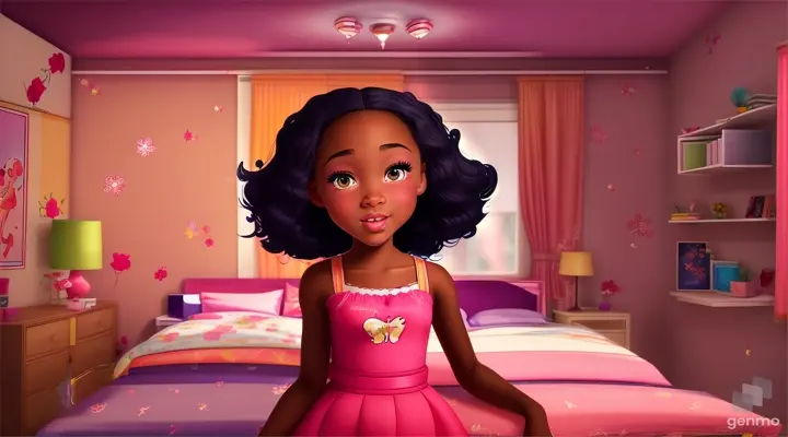 Creat a cartoon character animation of a pretty 11 year-old black girl talking in her beautiful bedroom. She has pretty big eyes. Her lips and arms are moving as though she is talking