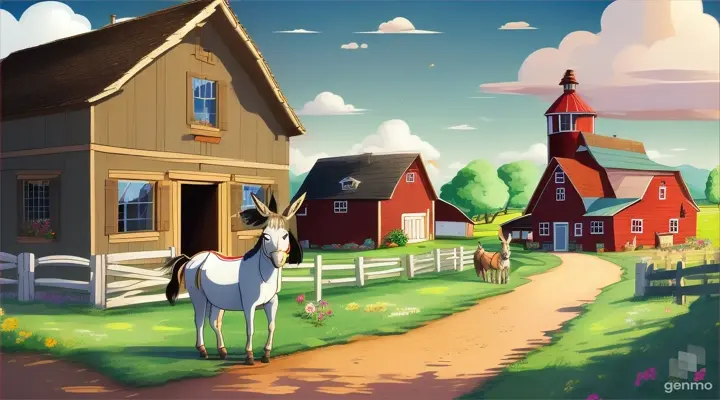 a cartoon of  a donkey at a farm house , 16:9 ratio