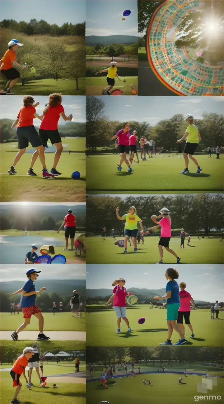 Legacy of Innovation: A collage of images illustrating the widespread popularity of the frisbee and disc golf, featuring people of all ages and backgrounds enjoying these recreational activities in various settings.