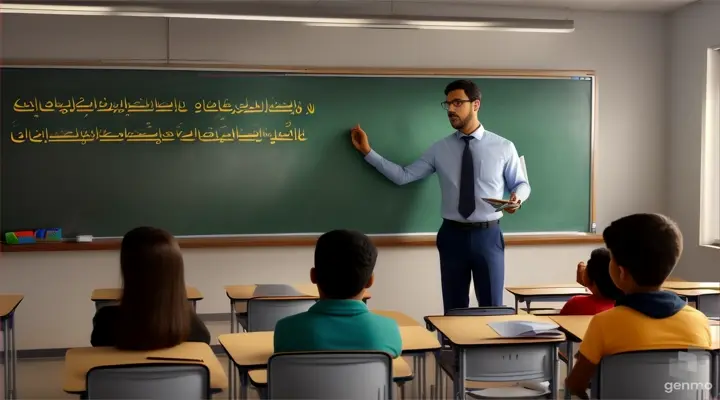 رجل يشرح للطلاب في الفصل باللغة العربية      horizontal 