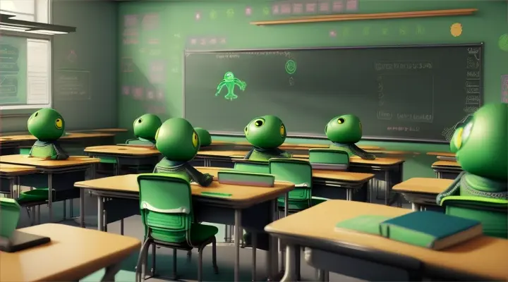The aliens sit at desks in a regular school and listen to a Duolingo lesson from a teacher: a green owl