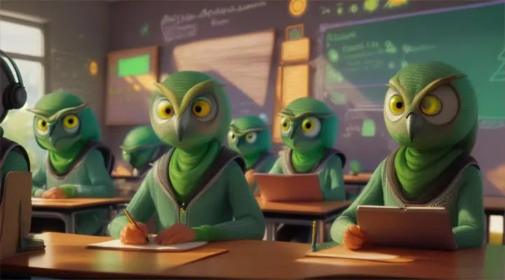 The aliens sit at desks in a regular school and listen to a Duolingo lesson from a teacher: a green owl