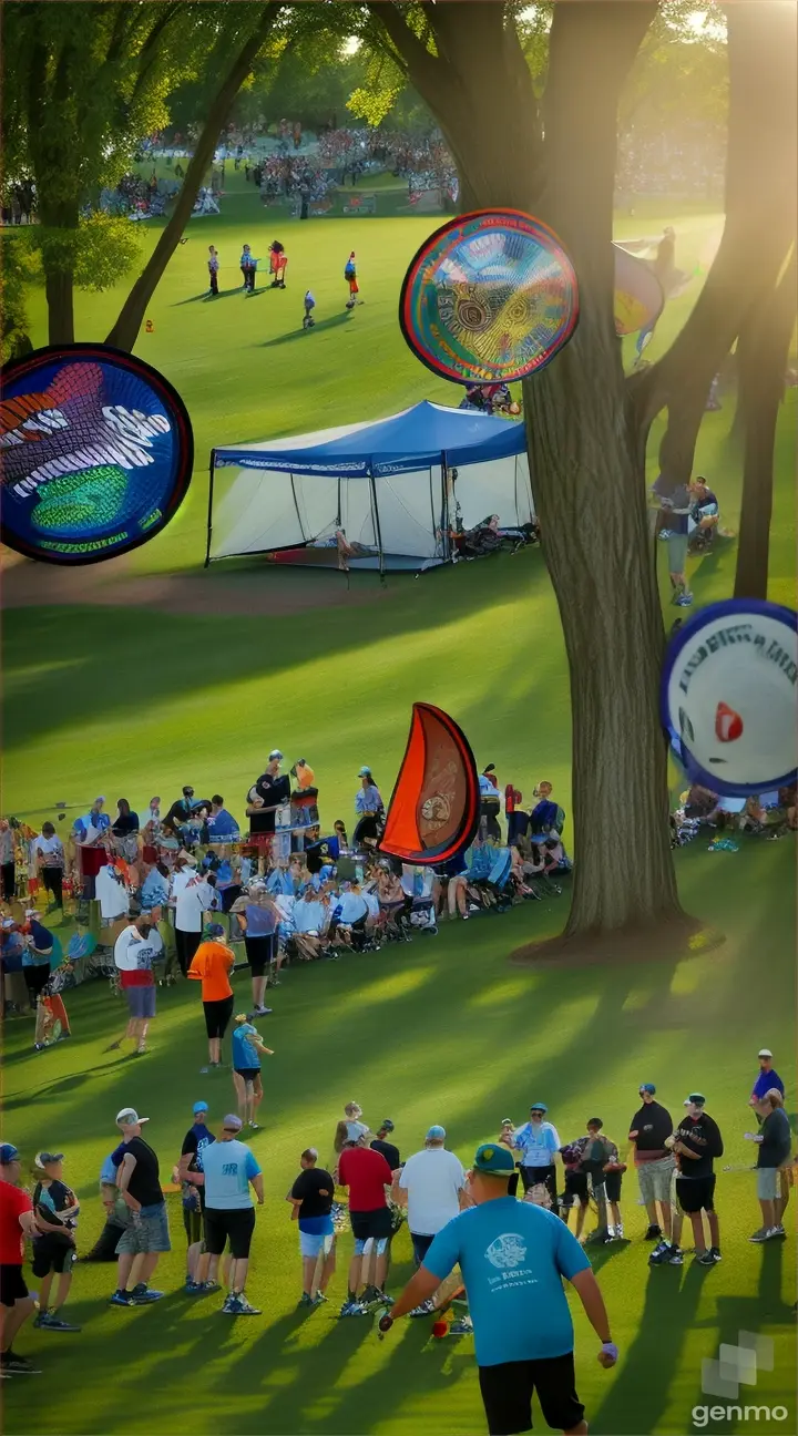 Community Celebration: A scene capturing a gathering of disc golf enthusiasts paying tribute to Steady Ed at a disc golf tournament or event, celebrating his legacy and contributions to the sport.