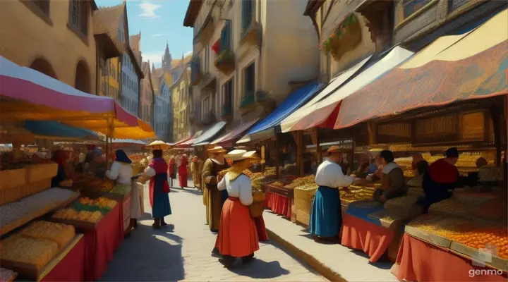 Bustling medieval market scene, vibrant tempera on wood, reminiscent of early Renaissance