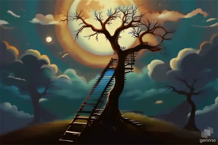 a ladder leading up to a tree with a full moon in the background