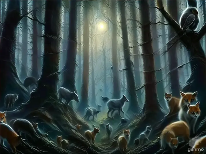 a painting of many animals in a forest