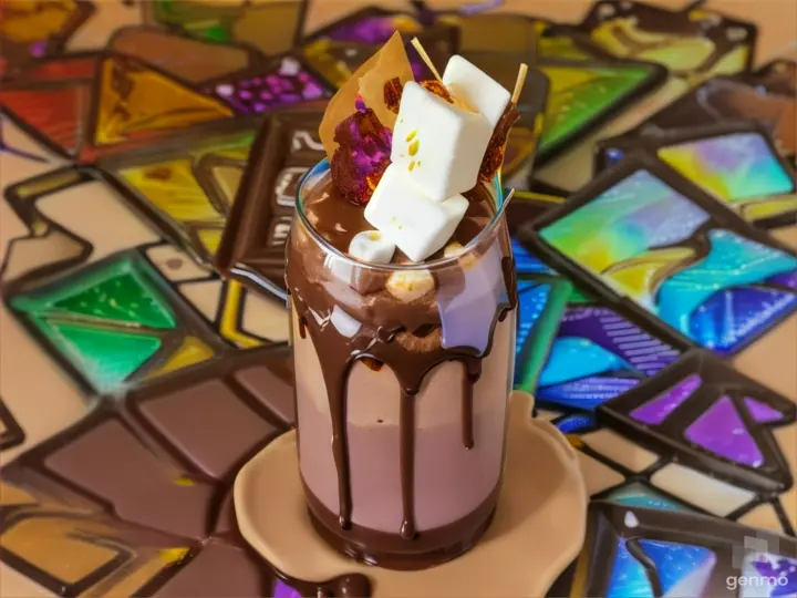 a chocolate drink with marshmallows on top of it rotating in the middle of the road in a hot summer in desert