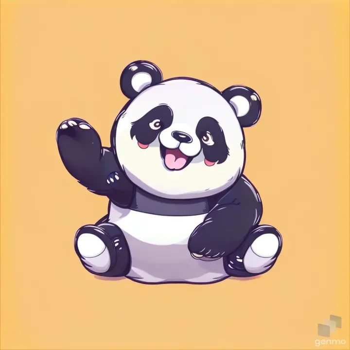 a panda bear sitting on top of a yellow background waving or waving goodbye with his hand
