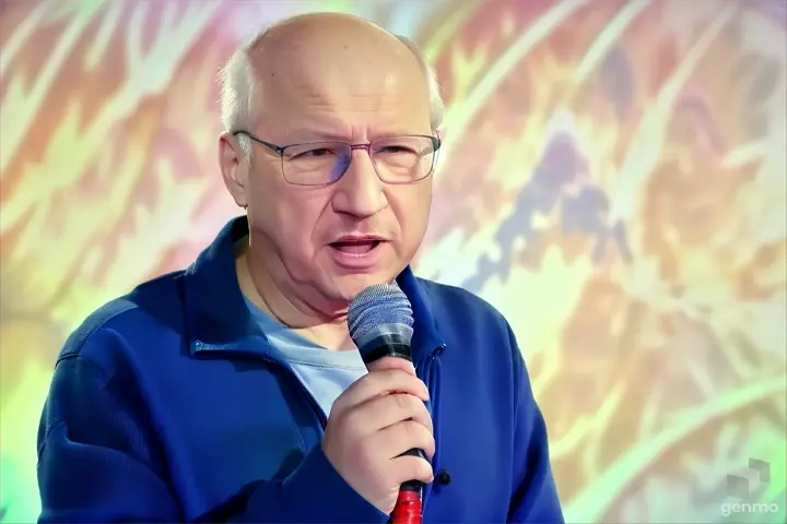 a man in a blue jacket holding a microphone
